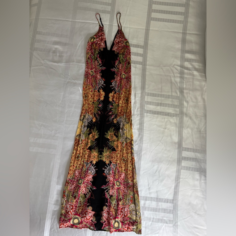 Free People Black Maxi Dress with Red, Yellow & Green Floral Print
